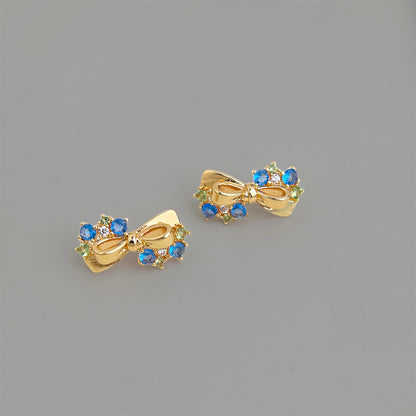 A廠【7441】原創海藍寶色鋯石蝴蝶結銀針耳環時尚高級感新款耳環女
 26.03-4