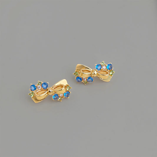 A廠【7441】原創海藍寶色鋯石蝴蝶結銀針耳環時尚高級感新款耳環女
 26.03-4