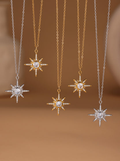 B廠【P1310】超閃5A鋯石八星芒吊墜鎖骨項鍊雙層疊戴飾品不鏽鋼18k鍍金 25.07-1