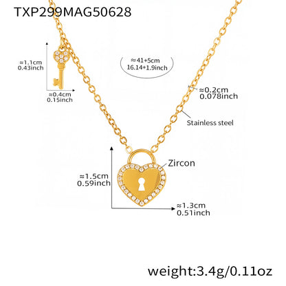 B廠【TXP299】歐美不銹鋼5A鋯石愛心鎖頭鑰匙棍吊墜鎖骨項鍊戒指飾品套裝 25.07-2