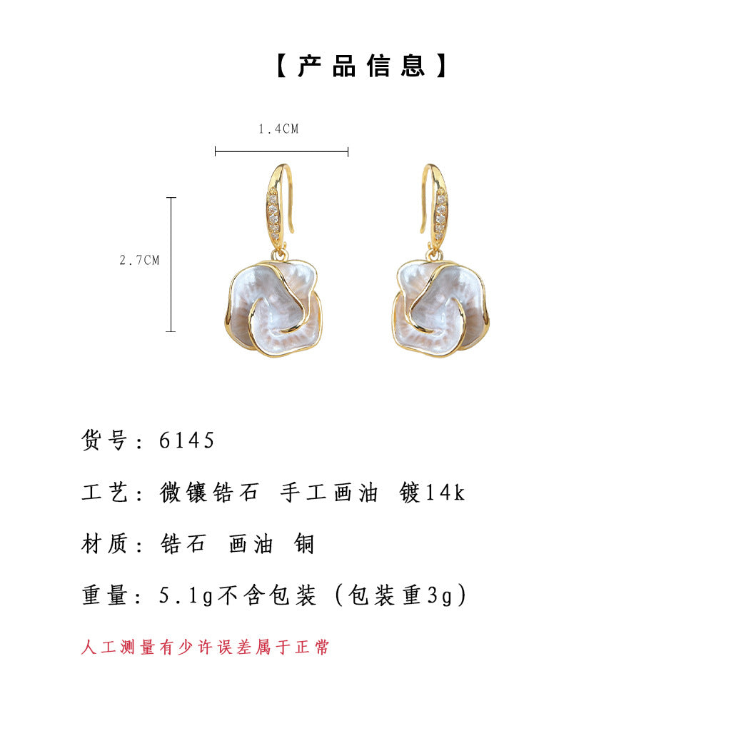 C廠【6145】時尚高級感茶花優雅手工薄塗工藝通勤甜美夏日新款耳環女花朵耳環 25.05-5