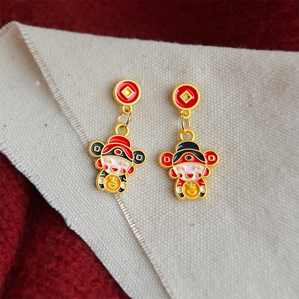 A廠【7231】新年手工彩繪琺瑯滴釉不對稱財神爺新款耳飾國潮民族風耳環
 25.12-2