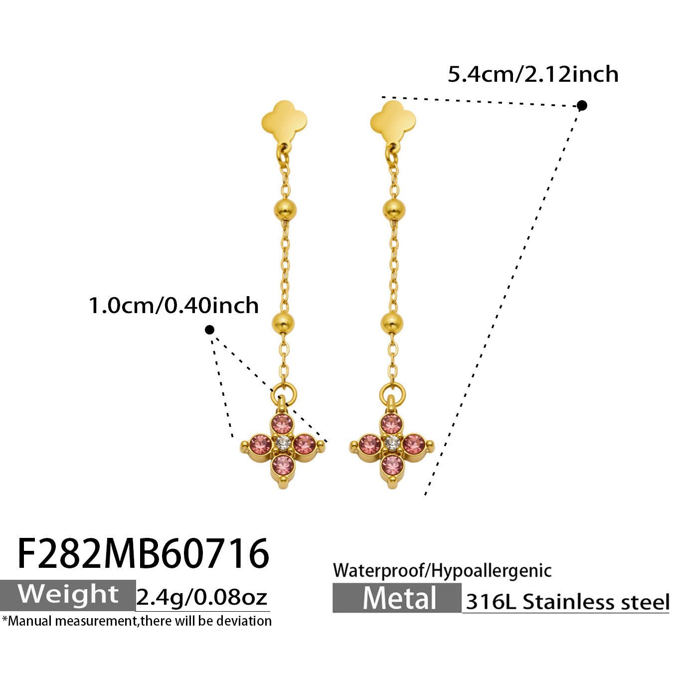 B廠【F282】歐美甜美風不鏽鋼鍍18k金 鑲嵌鋯石四葉花長吊墜耳環時尚飾品女
 26.07-4