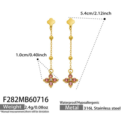 B廠【F282】歐美甜美風不鏽鋼鍍18k金 鑲嵌鋯石四葉花長吊墜耳環時尚飾品女
 26.07-4