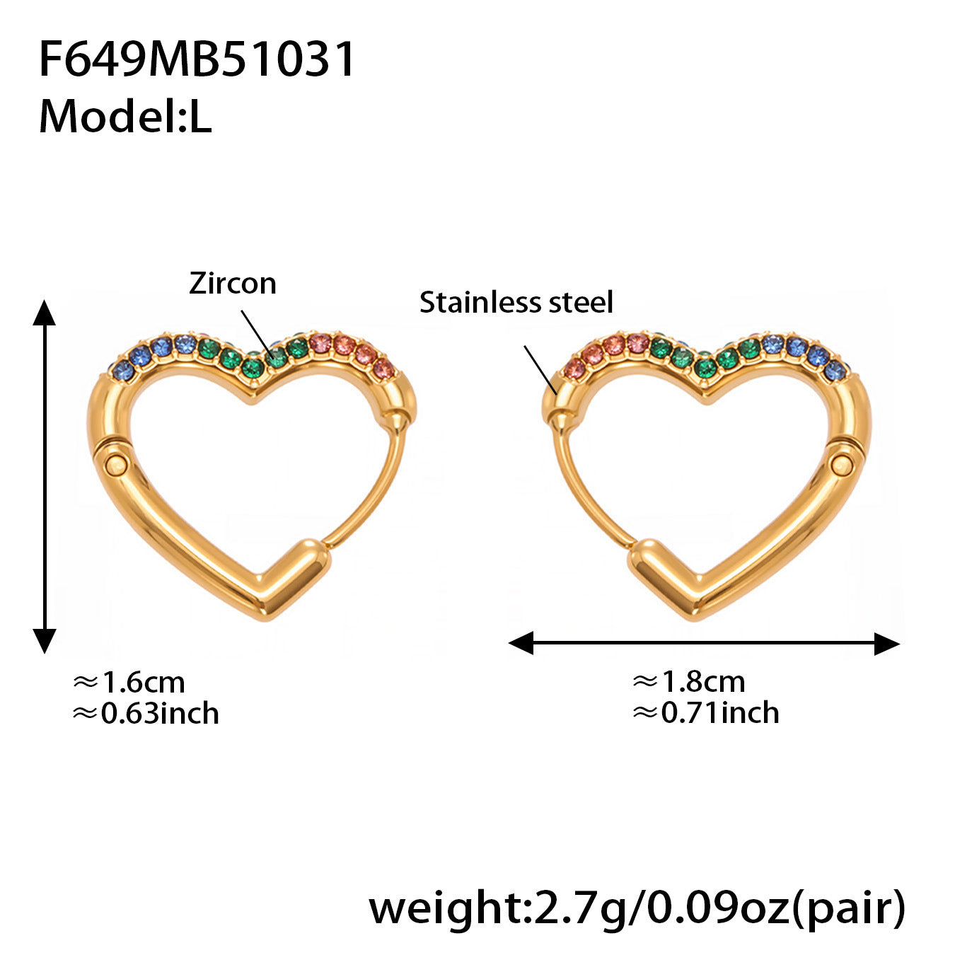 B廠【F649】跨境新款愛心彩色鋯石耳環耳環不鏽鋼鍍18k金時尚百搭耳飾
 25.11-1
