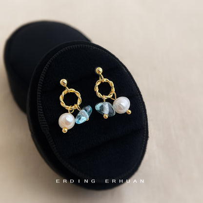 A廠【6441】淡水珍珠玻璃水晶藍色海洋繫手工小巧耳環女氣質簡約甜美新款耳飾 25.07-3