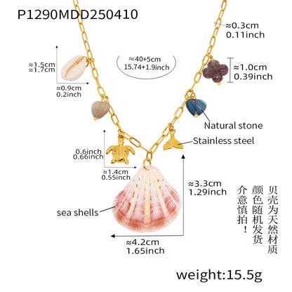 B廠【P1290】不鏽鋼天然貝殼海龜魚尾多配件吊墜項鍊海洋風新款休閒配件 25.04-3