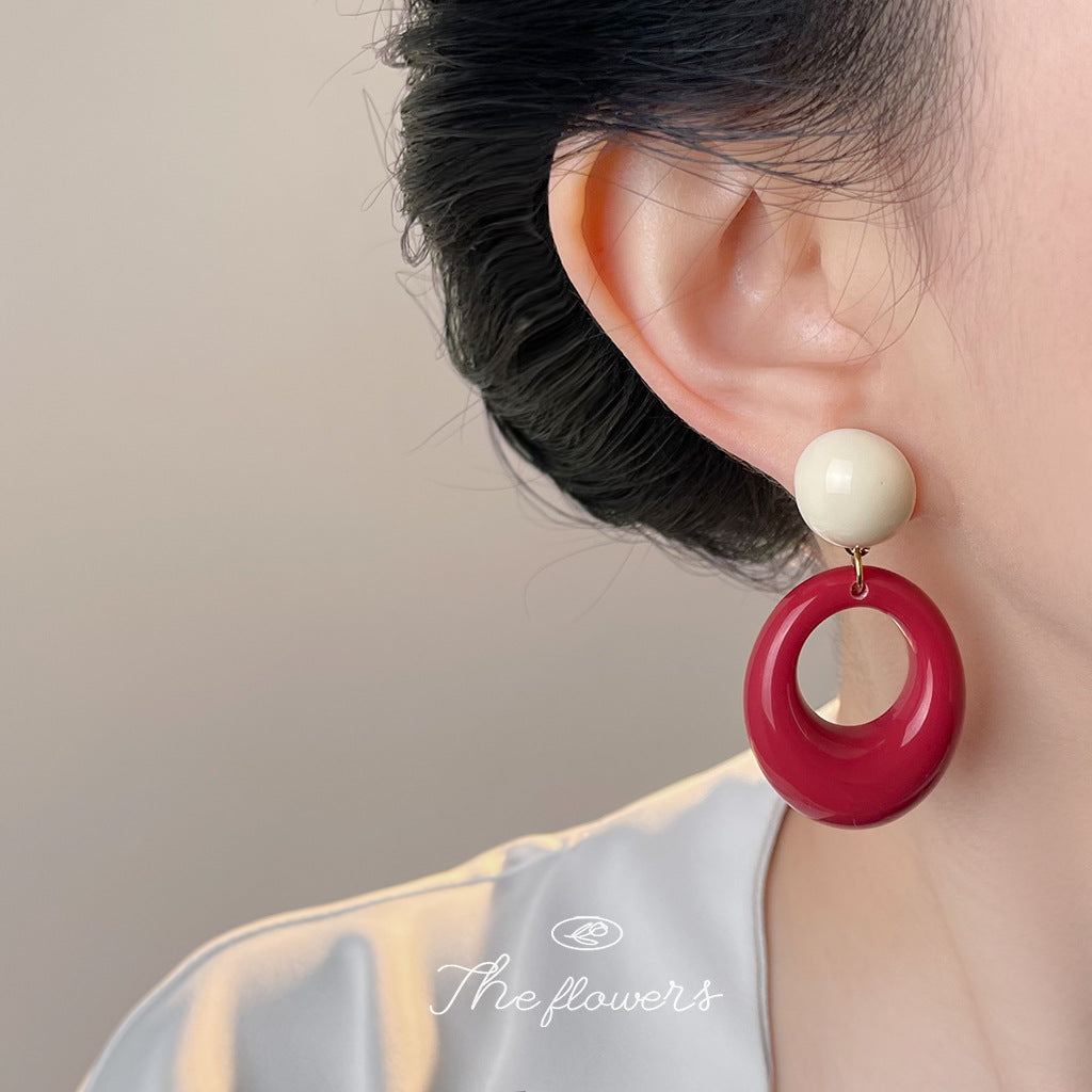 C廠【7034】港風復古圓形幾何時尚高級感紅色新款耳環飾品耳環
 25.11-1