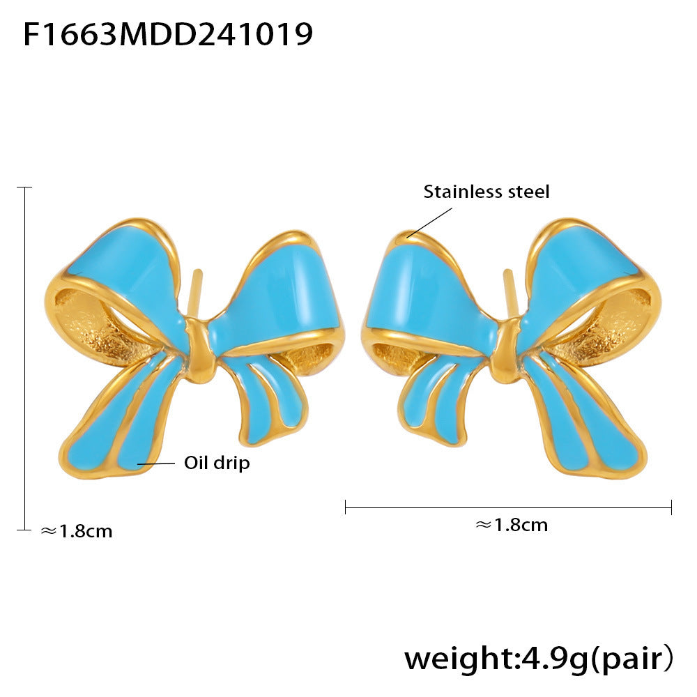 B廠【F1663】 ins風精緻滴油蝴蝶結耳環輕奢油畫質感不銹鋼甜美耳飾現貨 24.10-4