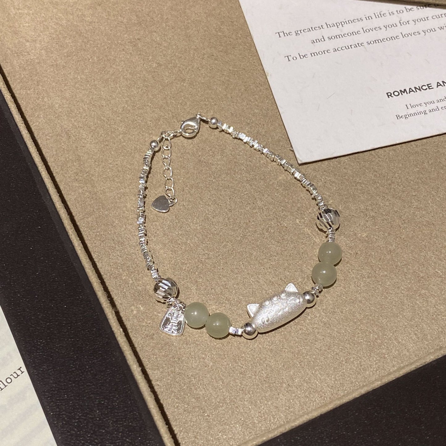 F廠【DQ0493S】S925純銀法棍貓天然與田玉手鍊S925純銀碎銀子小眾精緻手飾女
 25.10-4