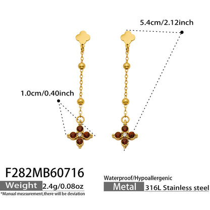 B廠【F282】歐美甜美風不鏽鋼鍍18k金 鑲嵌鋯石四葉花長吊墜耳環時尚飾品女
 26.07-4