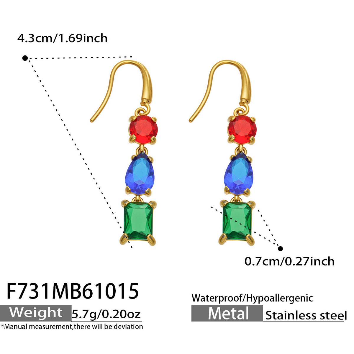 B廠【F731】拼接彩锆石耳墜不鏽鋼鍍金三層結構耳環
 26.10-4