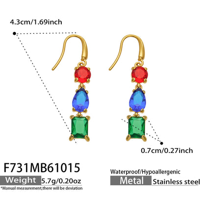 B廠【F731】拼接彩锆石耳墜不鏽鋼鍍金三層結構耳環
 26.10-4