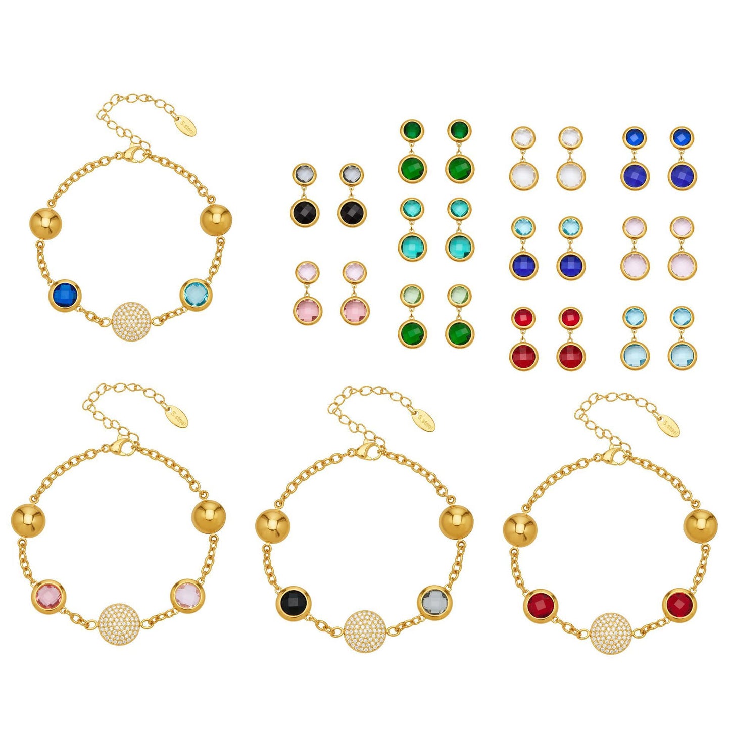 B廠【TXE508】不鏽鋼滿鑽鋯石切面包邊玻璃石手鍊耳環鍍18k真金首飾組不掉色
 25.12-1