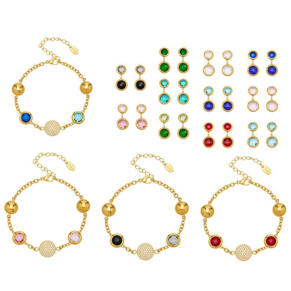 B廠【TXE508】不鏽鋼滿鑽鋯石切面包邊玻璃石手鍊耳環鍍18k真金首飾組不掉色
 25.12-1