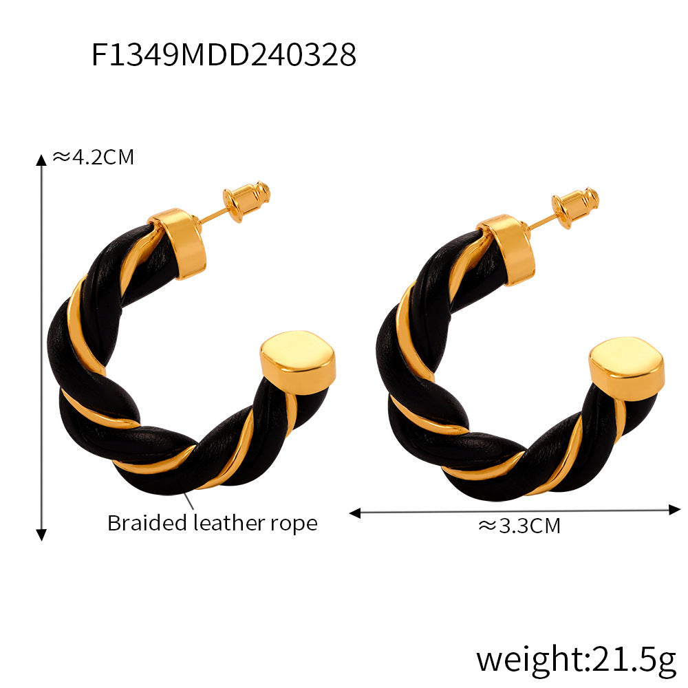 B廠【F1349】復古麻花編織纏繞皮革耳環女明星同款設計感法式時髦C型鈦鋼耳圈 24.04-2