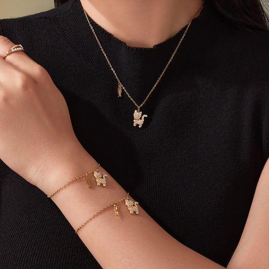 B廠【TXP464】時尚可愛小貓帶鑽吊墜手鍊項鍊套裝不銹鋼鍍18k真金不掉色
 25.11-3