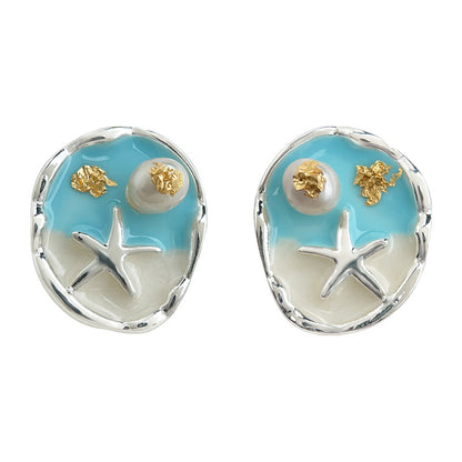 A廠【5258】淡水珍珠925銀針琺瑯滴釉海星海邊度假清新甜美耳飾耳釘 25.01-1