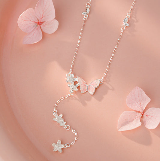 D廠【YC2185N】足銀S999滴膠蝴蝶花朵流蘇項鍊清新森系淡雅小眾顯瘦鎖骨鏈
 25.11-4