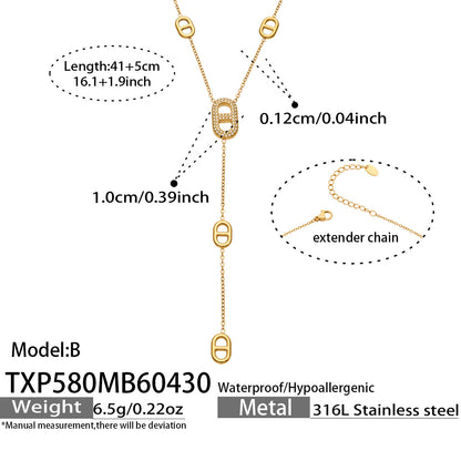 B廠【TXP580】歐美輕奢日字滿鑽鋯石Y字流蘇項鍊手鍊雙層疊戴套裝不銹鋼鍍18k金
 26.05-2
