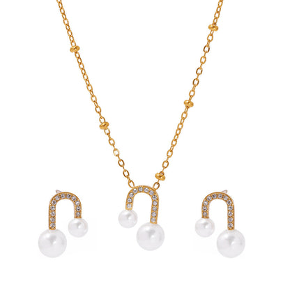 B廠【TXP231】U型貝珠鋯石項鍊耳環小眾設計感輕奢時尚鎖骨鏈耳飾套裝女 25.03-3