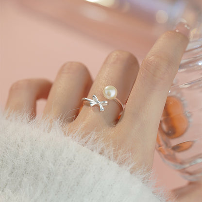 D廠【YC4002R】S925純銀小眾設計蝴蝶結珍珠戒指女ins風甜美溫柔開口戒 25.03-4