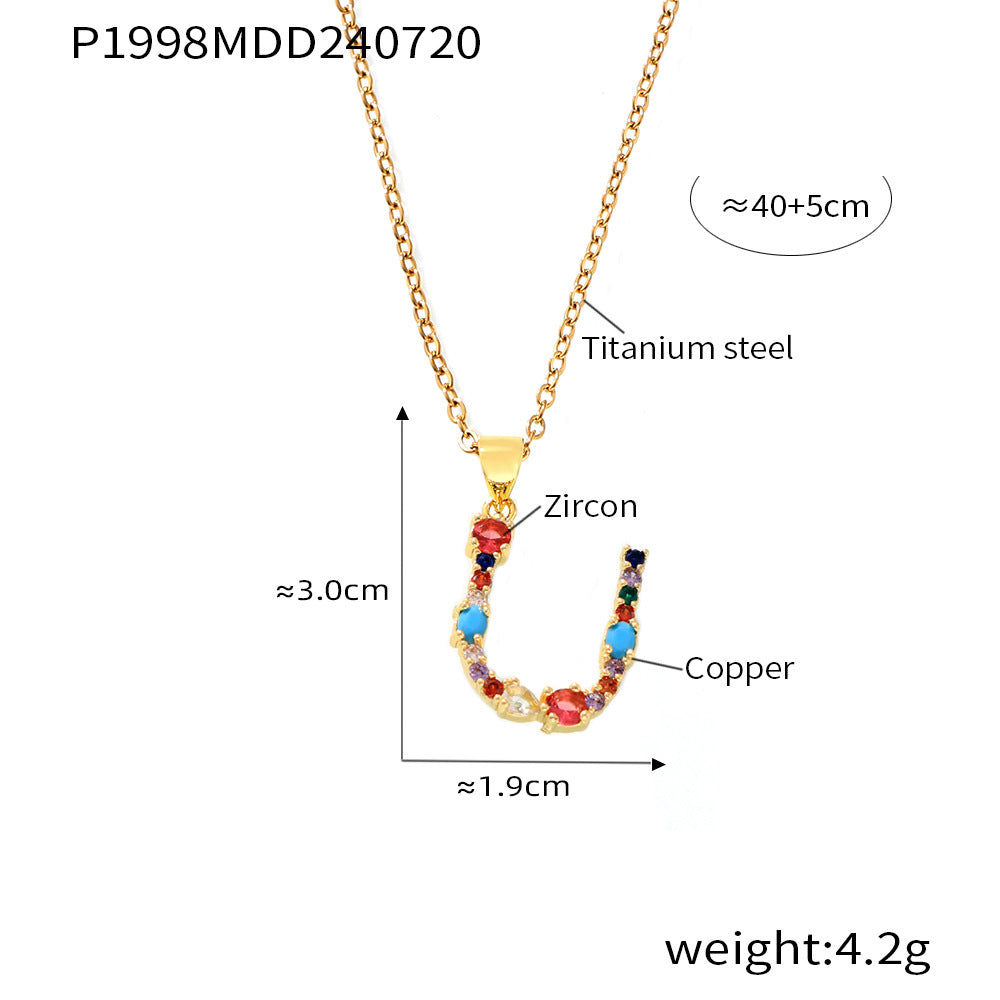 B廠【P1998】歐美跨境銅微鑲彩色鋯石26個英文字母個性單獨吊墜小眾嘻哈鎖骨鏈 24.07-4