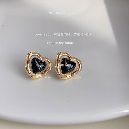 A廠【3450】黑桃夾心復古耳環法式輕奢百搭滴釉鏤空心形高級感赫本風氣質耳飾 25.01-2