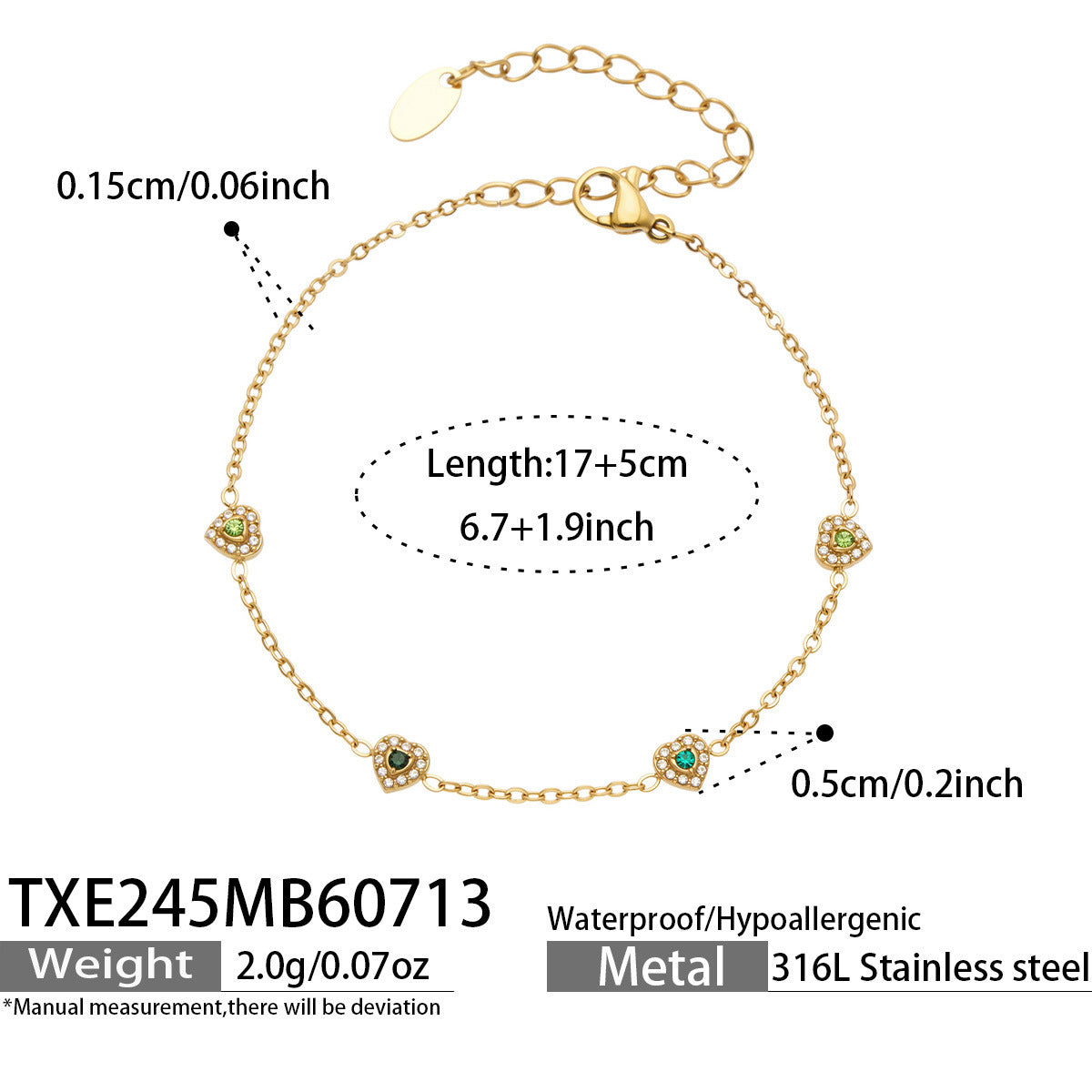 B廠【TXP245】歐美新款不銹鋼鍍18k金 多巴胺系列滿鋯石愛心吊墜項鍊手鍊女飾品
 26.07-4