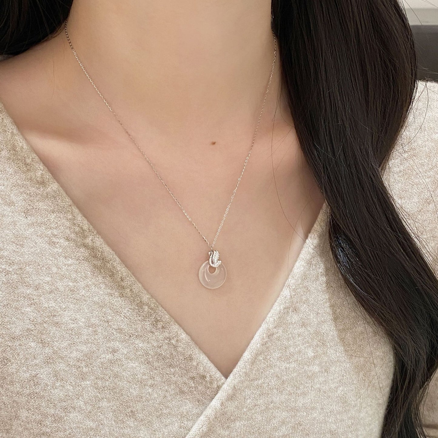 F廠【DQ0074N】S925純銀新中式國風如意平安扣項鍊女優雅小天鵝白玉髓鎖骨鏈
 25.10-4