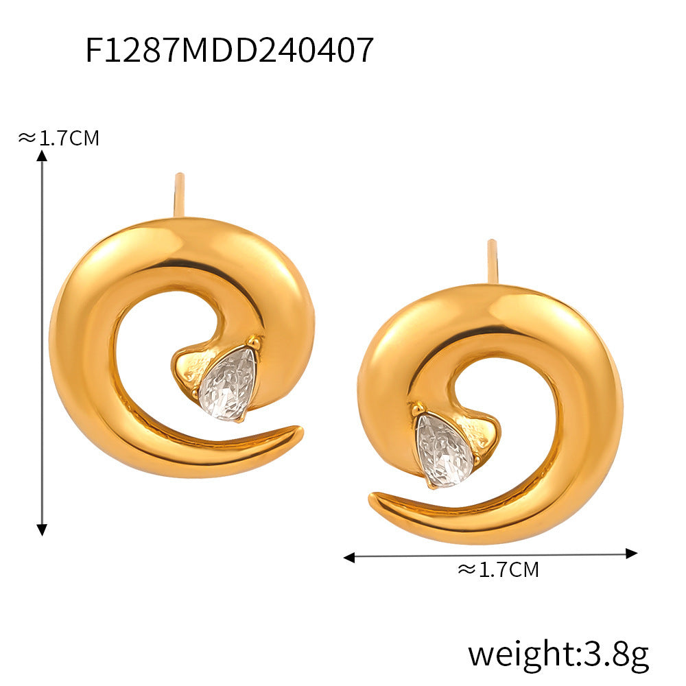 B廠【A602-F1287】日韓旋轉螺紋戒指鈦鋼鍍金鑲鑽設計感耳環簡約小眾不掉色套裝飾品 24.04-3