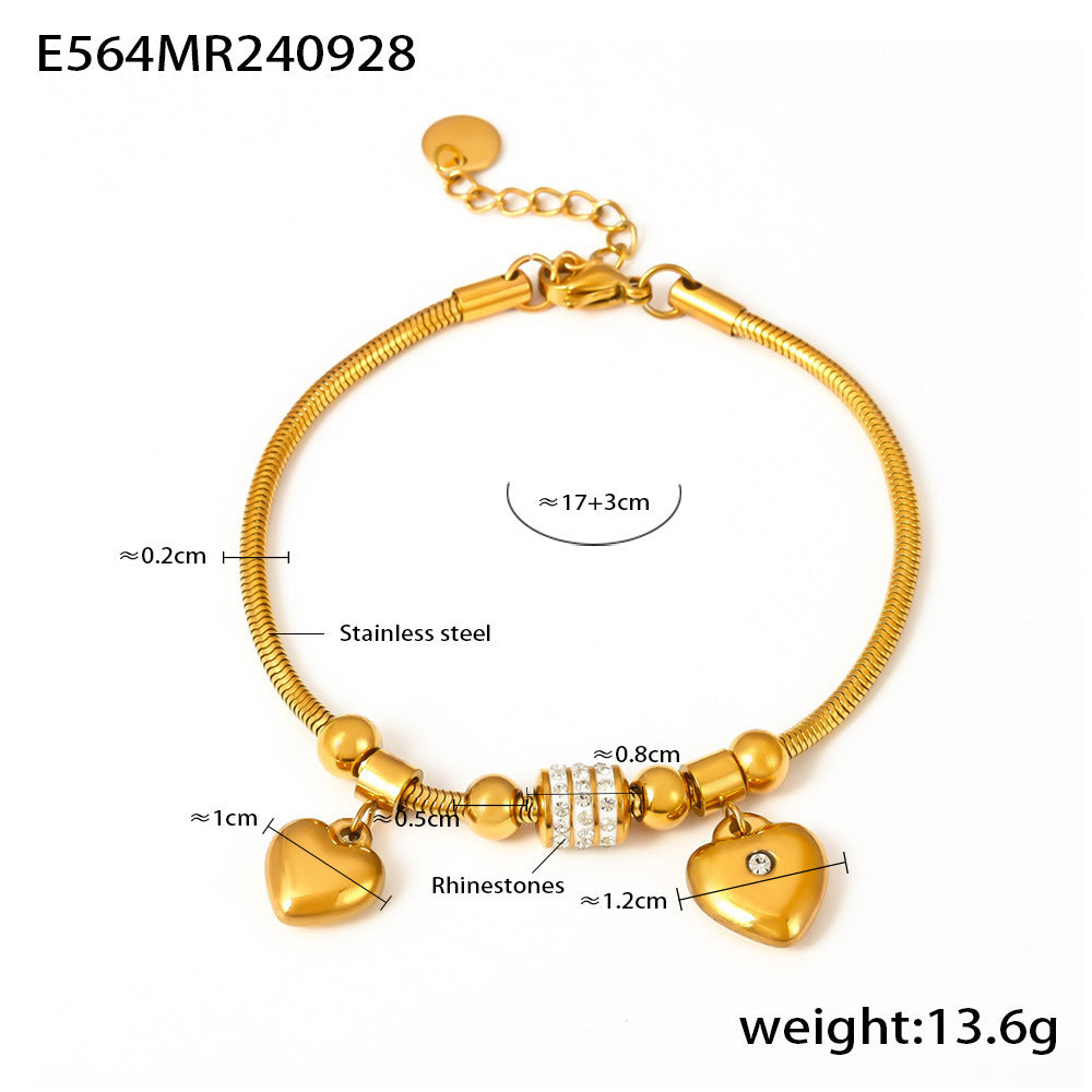 B廠【E564】歐美跨境飾品 雙桃心粘捷克水鑽多配件軟蛇手鍊小眾ins不銹鋼飾品 24.10-2