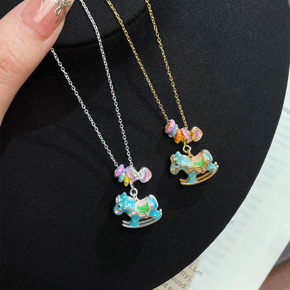 E廠【DQ1038N】S925純銀輕奢小眾搖搖木馬項鍊女琺瑯馬卡龍歡樂小彩馬鎖骨鏈
 25.08-5