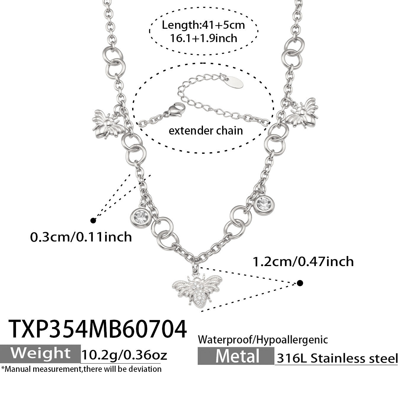 B廠【TXP354】歐美5A鋯石小蜜蜂吊墜不鏽鋼鍍18k金 多配件項鍊手鍊套組女飾品 26.07-2