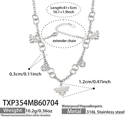 B廠【TXP354】歐美5A鋯石小蜜蜂吊墜不鏽鋼鍍18k金 多配件項鍊手鍊套組女飾品 26.07-2