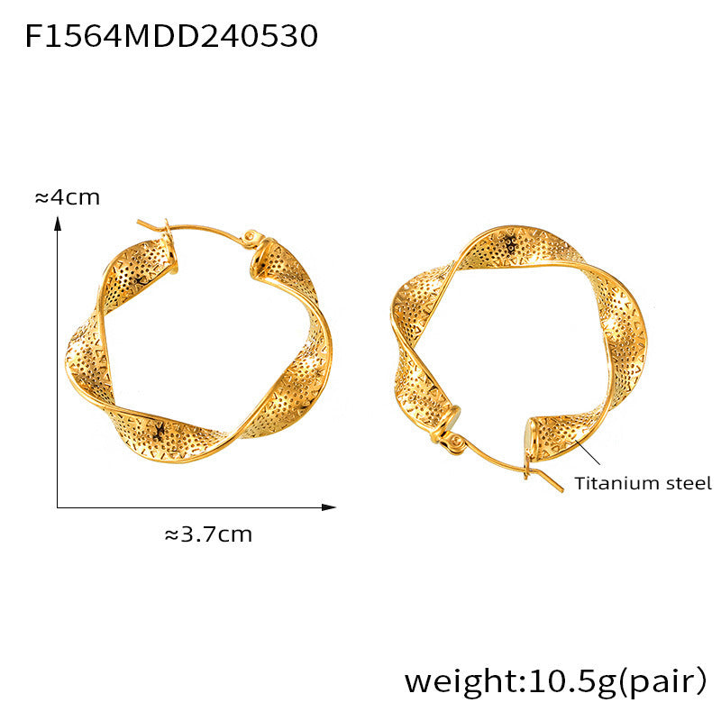 B廠【F1564】歐美鈦鋼網紅設計感耳飾ins風金屬紋理U型扭曲耳圈時尚個性耳環 24.06-1