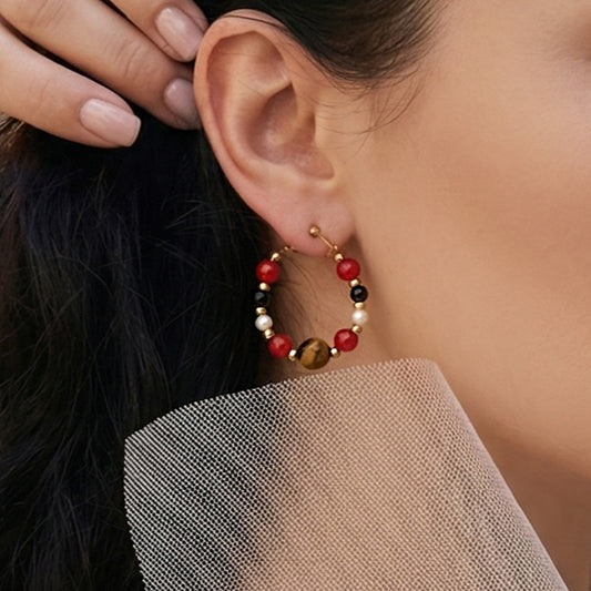 B廠【F1572】新中式民族風天然石串珠耳環美拉德虎眼石耳環不鏽鋼時尚輕奢耳環
 26.04-3