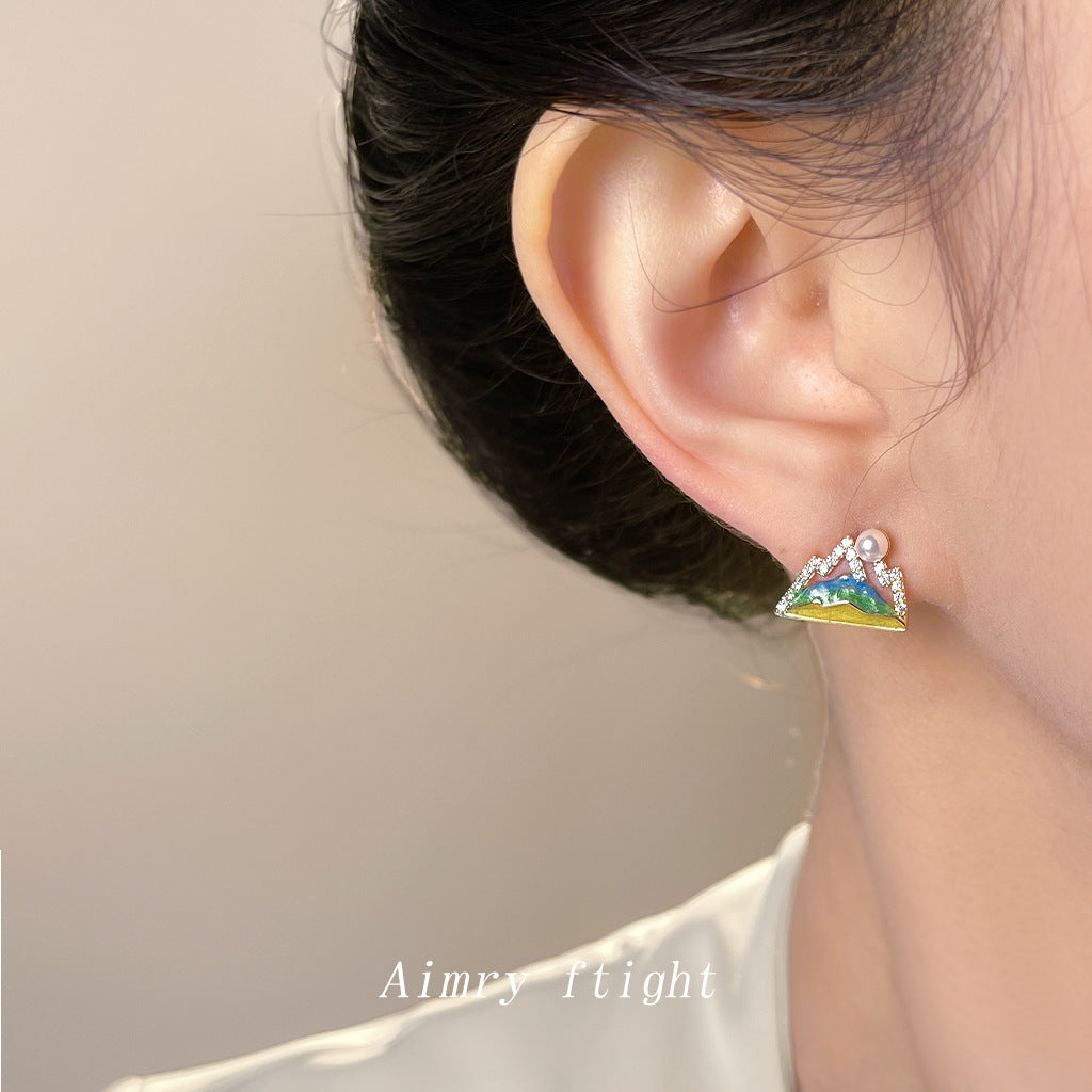 A廠【7157】原創青山~微鑲鋯石925銀針手工彩繪琺瑯滴釉國潮耳釘耳飾
 25.11-4