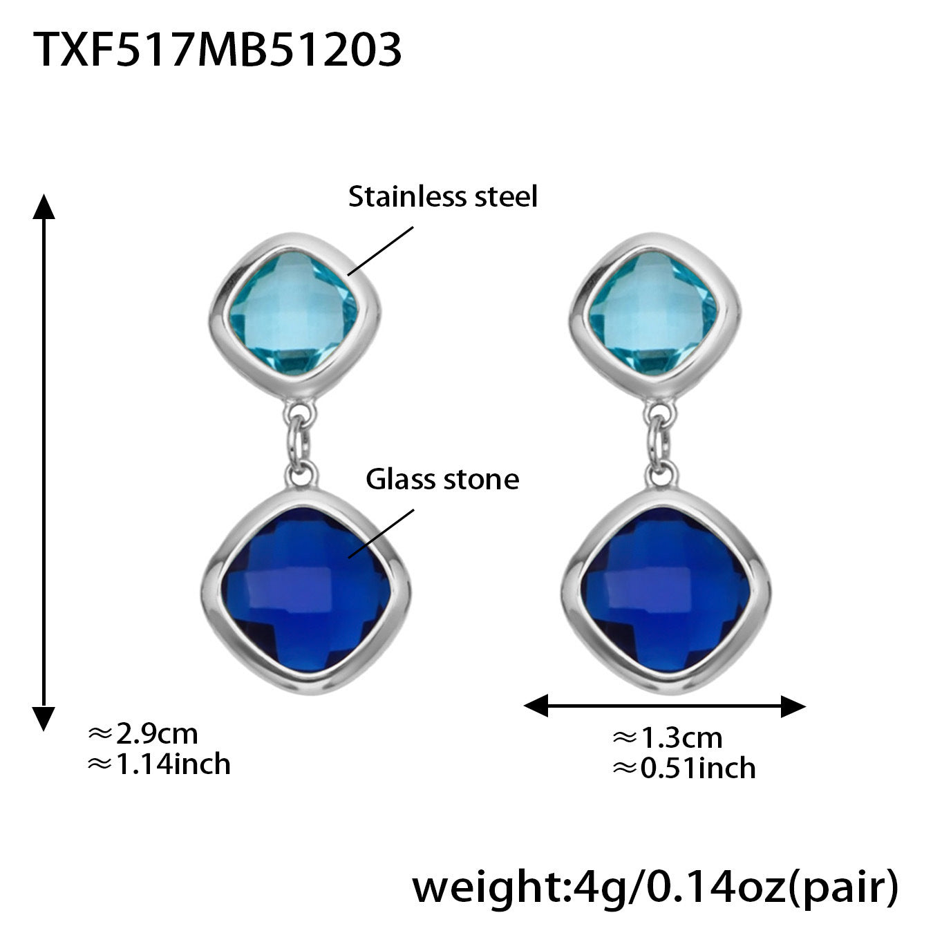 B廠【TXP517】不銹鋼方形切麵包邊玻璃石吊墜耳環項鍊手鍊珠寶首飾套裝鍍18k金
 25.12-2