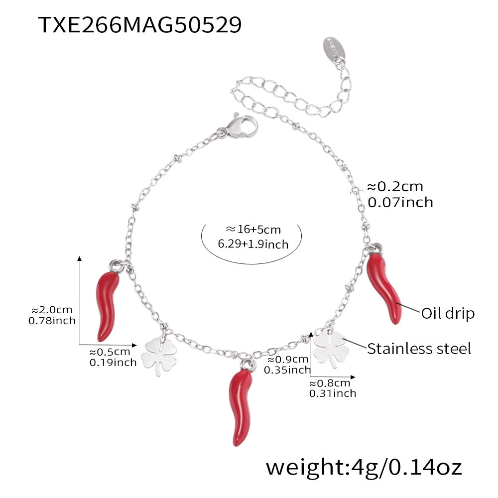 B廠【TXP266】不銹鋼材質紅辣椒四葉花吊墜項鍊手鍊套裝DIY鍍18k金不掉色 25.06-1