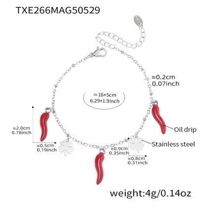B廠【TXP266】不銹鋼材質紅辣椒四葉花吊墜項鍊手鍊套裝DIY鍍18k金不掉色 25.06-1