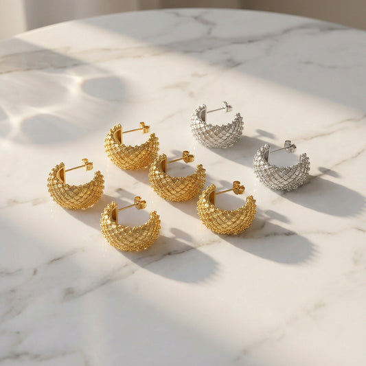 B廠【F009】歐美INS幾何C形網格菱形耳環跨國時尚簡約輕奢耳環不鏽鋼鍍金飾品
 26.02-1