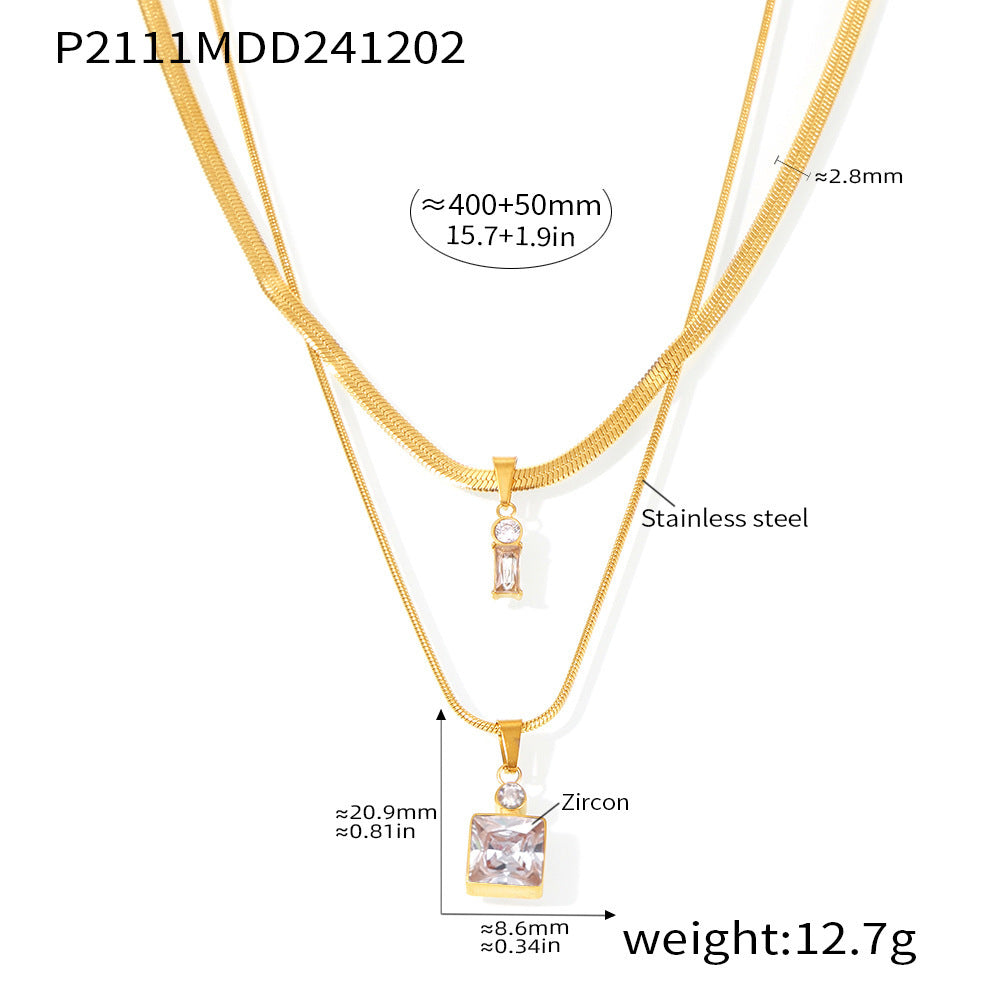 B廠【P2111】不鏽鋼雙層刀片鏈正方鋯石疊戴超美項鍊女秋冬輕奢小眾頸鏈 24.12-1