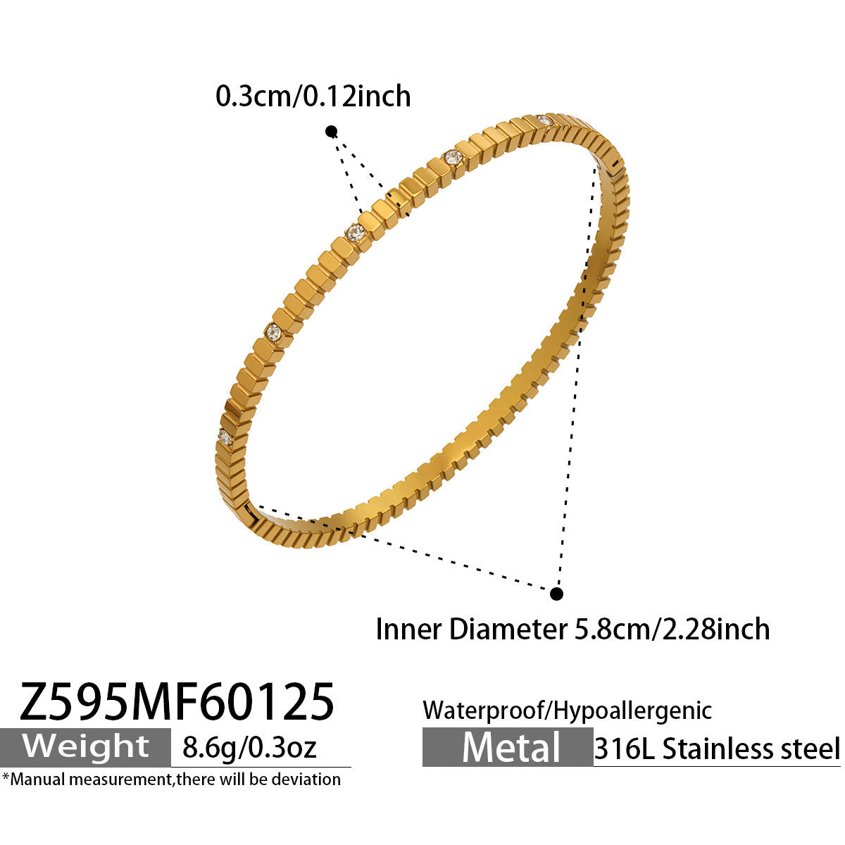 B廠【Z595】歐美時尚不規則齒輪素圈手環微鑲鋯石卡扣手鐲不鏽鋼鍍18k金飾品
 26.01-4