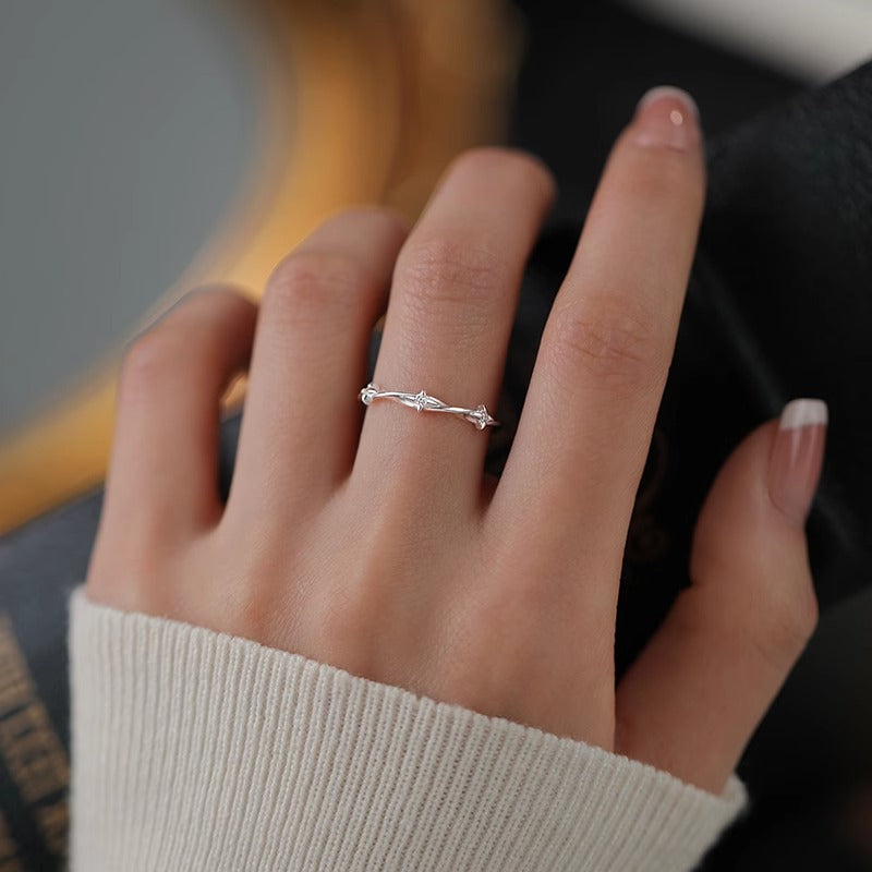 F廠【DQ8148R】足銀999小眾輕奢四芒星戒指女小清新溫柔微鑲星星開口食指戒 25.07-1