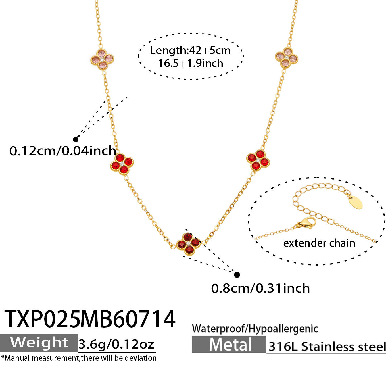 B廠【TXP025】歐美多巴胺系列四葉花不銹鋼鍍18k金 鑲嵌鋯石項鍊手鍊女飾品套裝
 26.07-4