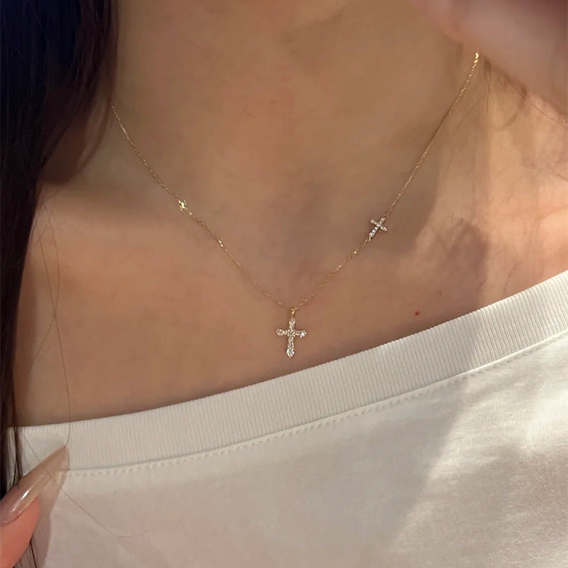 E廠【DQ0132N】S925純銀滿鑽雙十字架項鍊女精緻簡約鑲鋯石高級感鎖骨鏈
 25.10-3