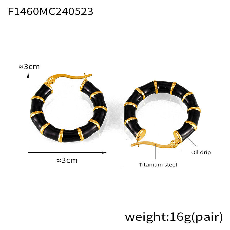 B廠【F1460】歐美新款滴油金屬拼接鈦鋼鍍18k金耳圈時尚個性百搭竹節保色耳環 24.06-1