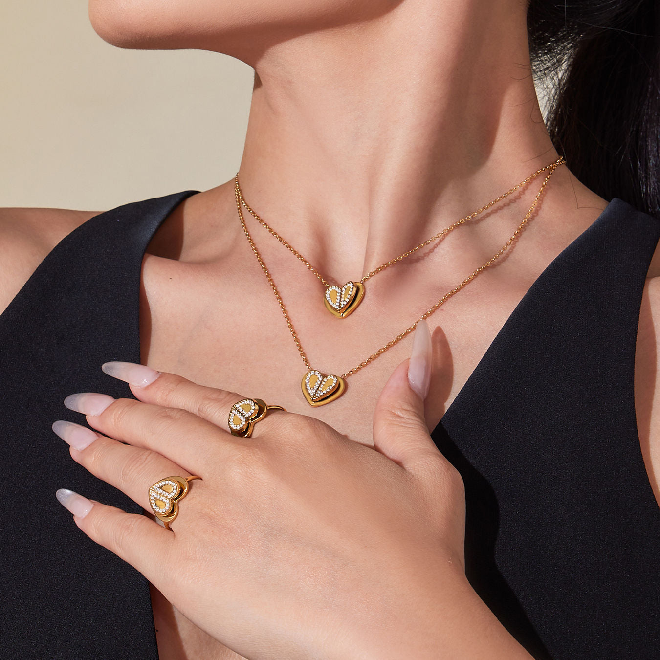 B廠【TXP446】小眾設計雙層愛心5A鑲鋯石戒指耳環項鍊不鏽鋼材質鍍18k金
 25.10-4