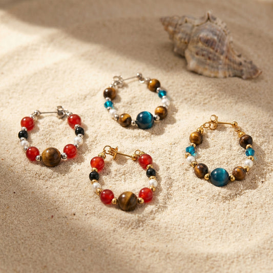 B廠【F1572】新中式民族風天然石串珠耳環美拉德虎眼石耳環不鏽鋼時尚輕奢耳環
 26.04-3